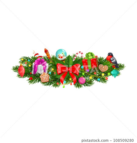 Christmas fir holiday tree branch. Winter festive season, happy New Year holiday or Christmas greeting vector fir border. Merry Xmas decoration with holly leaf, bow, bullfinch bird and snow ball, gift 108509280