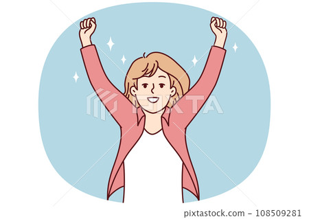 Smiling woman raise hands celebrate win 108509281