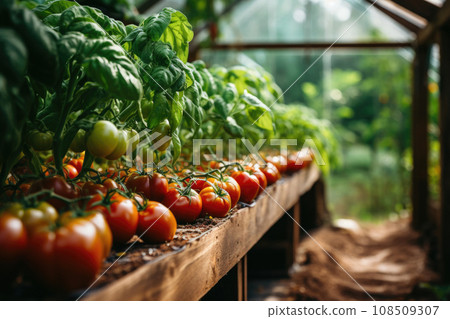 Tomato plantation in greenhouse. Generative AI 108509307