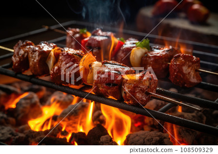 Barbecue skewers meat kebabs on grill. Generative AI 108509329