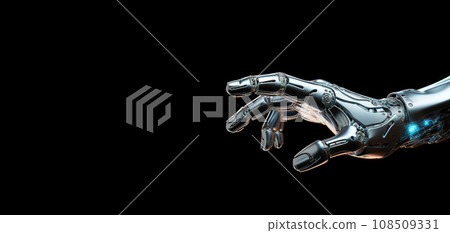 Robotic digital hand on dark background. Generative AI 108509331