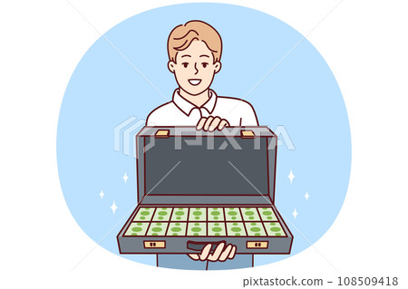 Smiling man with briefcase full of money 108509418