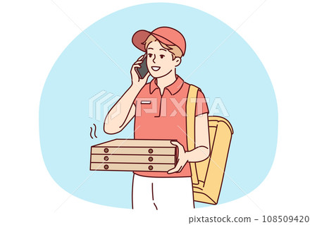 Deliveryman with pizza boxes calling client Deliveryman with pizza boxes calling client 108509420