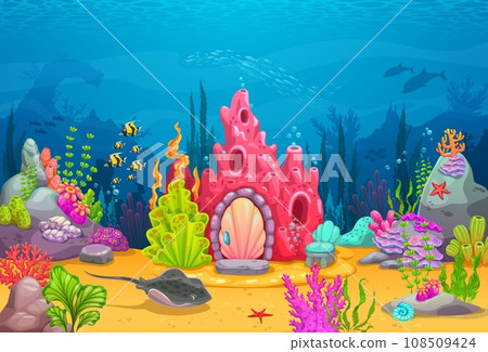 Cartoon underwater landscape with fairytale coral house building, vector undersea background. Fairy mermaid or ocean creature dwelling shelter in coral with dolphins, stingray and starfish Cartoon underwater landscape with fairytale coral house building, vector undersea background. Fairy mermaid or ocean creature dwelling shelter in coral with dolphins, stingray and starfish 108509424
