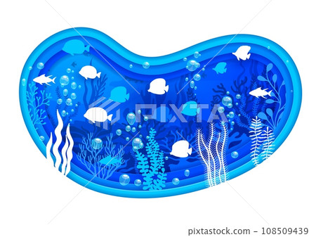 Blue sea paper cut underwater landscape, water bubbles, seaweeds and fish shoals. Vector 3d frame with borders of wavy papercut layers, white silhouettes of tropical fish, ocean reef corals and algae Blue sea paper cut underwater landscape, water bubbles, seaweeds and fish shoals. Vector 3d frame with borders of wavy papercut layers, white silhouettes of tropical fish, ocean reef corals and algae 108509439