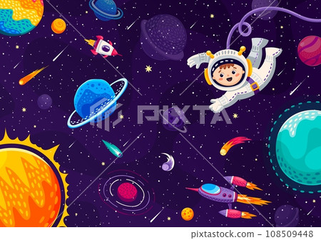 Solar system planets and astronaut in outer space with rocket spaceship in galaxy, cartoon vector background. Kid spaceman exploring space with solar system planets and starships in galaxy sky 108509448