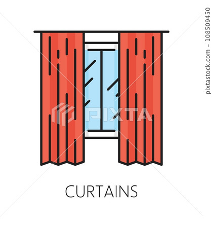 Curtains, furniture icon for home interior or room design element, vector line pictogram. Window curtains or drapes outline icon for living room, house or apartment bedroom interior design object Curtains, furniture icon for home interior or room design element, vector line pictogram. Window curtains or drapes outline icon for living room, house or apartment bedroom interior design object 108509450
