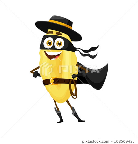 Cartoon gnocchetti sardi italian pasta food superhero character fighting to save the world from blandness. Isolated vector playful macaroni personage in black zorro hat, mask and cape armed with lasso Cartoon gnocchetti sardi italian pasta food superhero character fighting to save the world from blandness. Isolated vector playful macaroni personage in black zorro hat, mask and cape armed with lasso 108509453