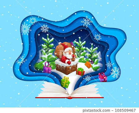 Christmas paper cut greeting card. Fairytale book and Santa on roof. Cartoon vector double exposition 3d xmas holidays frame with funny father noel stuck with gifts bag in cottage chimney at xmas eve 108509467