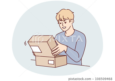 Excited man unpack post parcel 108509468