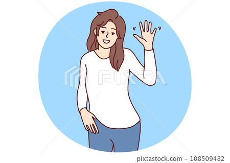 Smiling woman waving saying hello Smiling woman waving saying hello 108509482