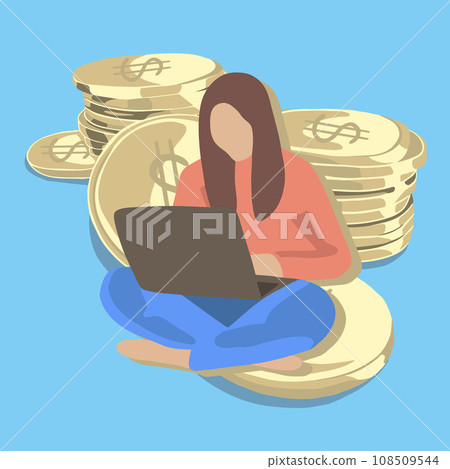 Vector isolated illustration of a freelancer girl making money online. Online earnings. Remote work income. A woman with a laptop sits on a pile of coins. Vector isolated illustration of a freelancer girl making money online. Online earnings. Remote work income. A woman with a laptop sits on a pile of coins. 108509544