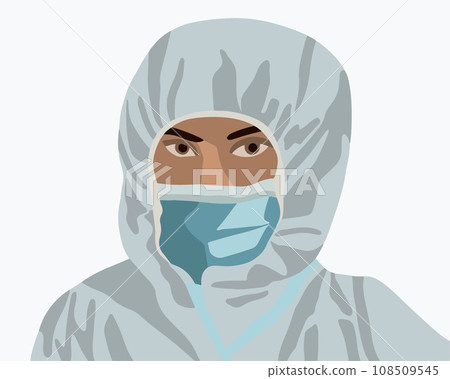 Vector isolated illustration of male doctor in protective suit. Portrait of a doctor during a virus or pandemic. Vector isolated illustration of male doctor in protective suit. Portrait of a doctor during a virus or pandemic. 108509545