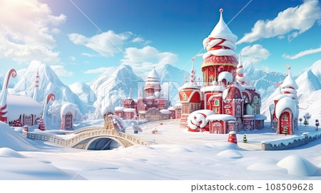 Christmas city with a big red castle and a snow-covered bridge. Generated AI 108509628
