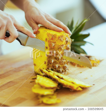 Closeup on woman cutting pineapple 108509645