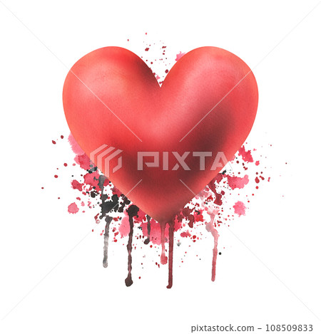 The heart is red and voluminous with spots, splashes and smudges. Hand drawn watercolor illustration. Isolated object on white background for Valentine's day, passionate and love design. 108509833