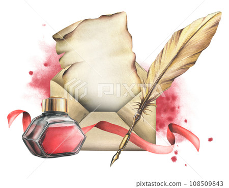 Glass transparent inkwell, red ink jar with gold lid, Gold pen with quill feather, paper and spots ink. Hand drawn watercolor illustration. Premade composition on a white background. 108509843