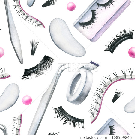 False eyelashes for extensions, tweezers, women's eyes, patches and flowers. Hand drawn watercolor illustration. Seamless pattern on a white background 108509846
