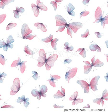 Butterflies are pink, blue, lilac, flying, delicate with wings and splashes of paint. Hand drawn watercolor illustration. Seamless pattern on a white background, for design. Butterflies are pink, blue, lilac, flying, delicate with wings and splashes of paint. Hand drawn watercolor illustration. Seamless pattern on a white background, for design. 108509851