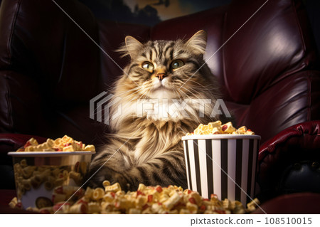Cat eating popcorn and watching an exciting premiere of a new movie in cinema 108510015