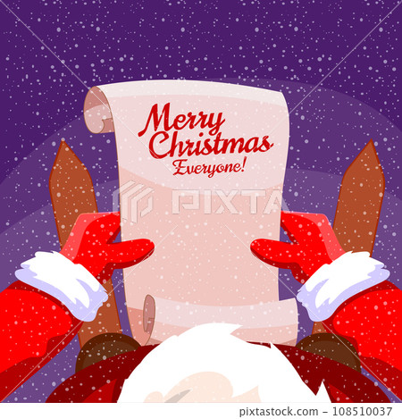 Santa Claus holds a scroll parchment in his hands, read a letter Christmas wish list Santa Claus holds a scroll parchment in his hands, read a letter Christmas wish list 108510037