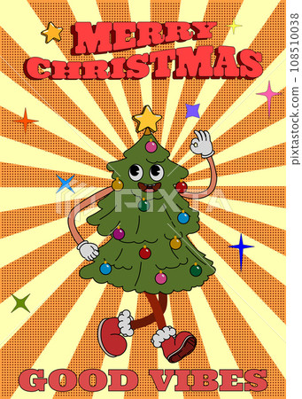 Groovy hippie Christmas poster. Christmas Tree in trendy retro cartoon style Groovy hippie Christmas poster. Christmas Tree in trendy retro cartoon style 108510038