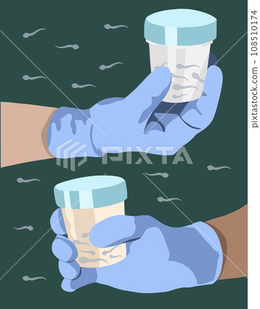 Sperm donation. Sperm analysis. Spermogram. Vector isolated illustration of jar with sperm held by hand. Sperm defects. Sperm donation. Sperm analysis. Spermogram. Vector isolated illustration of jar with sperm held by hand. Sperm defects. 108510174