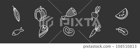 Cooking Food Item Chalk Drawing on Black Background Vector Set Cooking Food Item Chalk Drawing on Black Background Vector Set 108510813