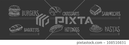 Chalk Drawn Food Item from Restaurant Menu on Black Background Vector Set Chalk Drawn Food Item from Restaurant Menu on Black Background Vector Set 108510831