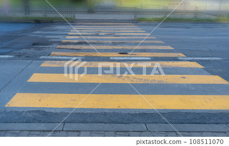Temporary Pedestrian Crossing, Yellow Crosswalk, Safety Zebra on Modern Tiles Pathway 108511070