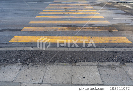 Temporary Pedestrian Crossing, Yellow Crosswalk, Safety Zebra on Modern Tiles Pathway 108511072