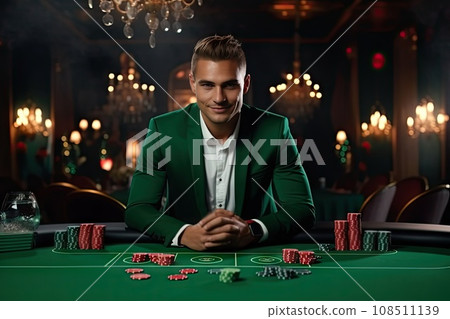 Casino Dealer, Gambling Table, Poker Concept, Croupier is Waiting for Player, Generative AI Illustration 108511139