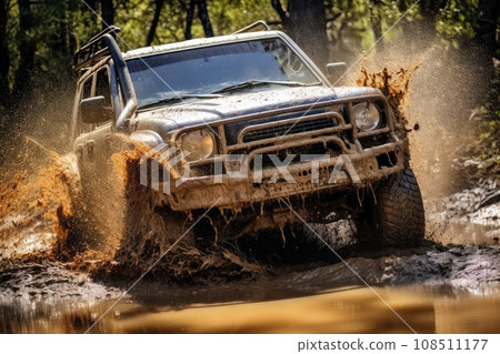 Off Road Vehicle Coming out of a Mud Hole Hazard, Generative AI Illustration Off Road Vehicle Coming out of a Mud Hole Hazard, Generative AI Illustration 108511177