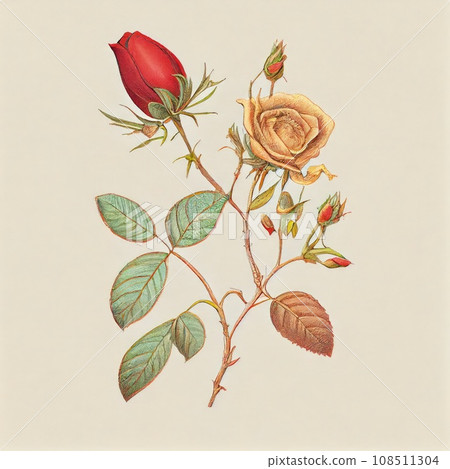 Rose Hip Flower Botanical Illustration, Wild Roses Flowers, Rosehip Abstract Generative AI Illustration 108511304