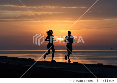 Couple Runners Silhouette, Athlete Running in Morning Dusk at Coast, Generative AI Illustration 108511306