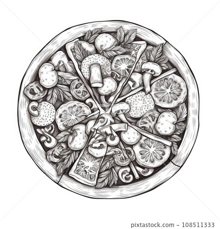 Pizza Sketch, Hand Drawn Pizza Slices, Traditional Pizzeria Engraving Imitation, Sketched Bakery Fast Food 108511333