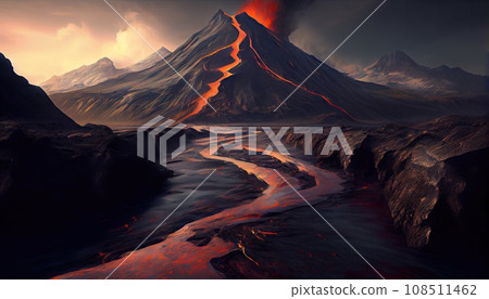 Hot magma pouring from volcano AI generative illustration 108511462