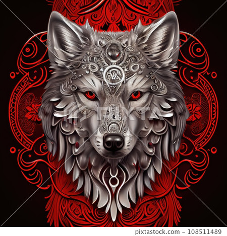Wolf head emblem with metal frame AI generative illustration Wolf head emblem with metal frame AI generative illustration 108511489