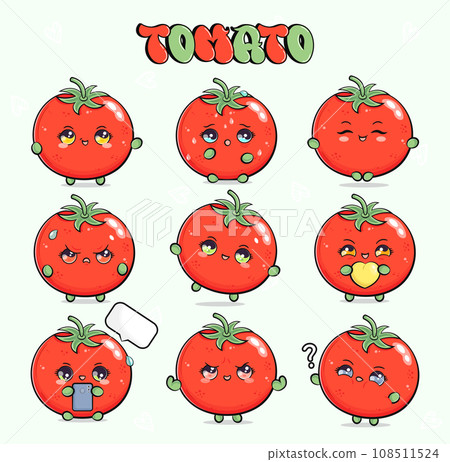 Tomato characters bundle set. Vector hand drawn doodle style cartoon character illustration icon design. Isolated on light green background. Cute tomato mascot character collection 108511524