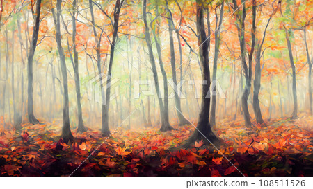 Illustration of a forest with hazy autumn leaves in the morning mist 108511526
