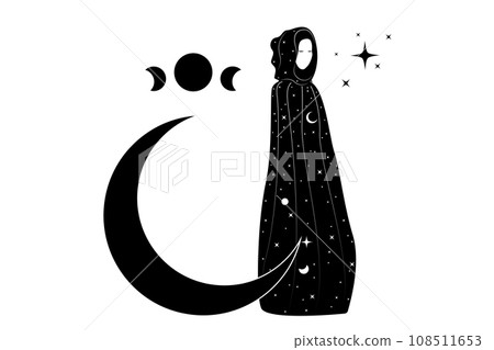 Witch in a black cape, Mystical priestess in a magical cloak with head hood on the black crescent moon. Triple goddess, wiccan woman, concept of esoteric magic sacred female in boho stile, isolated Witch in a black cape, Mystical priestess in a magical cloak with head hood on the black crescent moon. Triple goddess, wiccan woman, concept of esoteric magic sacred female in boho stile, isolated 108511653