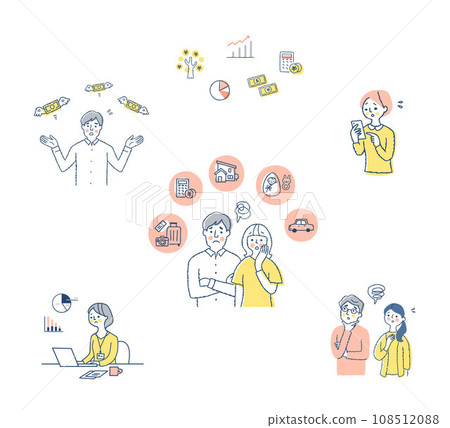 Money/investment/asset management related set of people with troubled expressions Money/investment/asset management related set of people with troubled expressions 108512088