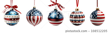 Set of Beautifully Decorative Red, White and Blue American Themed Christmas Tree Ornaments Isolated. Generative AI. Set of Beautifully Decorative Red, White and Blue American Themed Christmas Tree Ornaments Isolated. Generative AI. 108512205