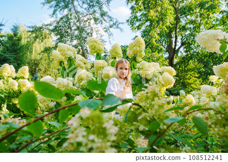 Cute teenage girl in flowering hydrangea bushes. 108512241