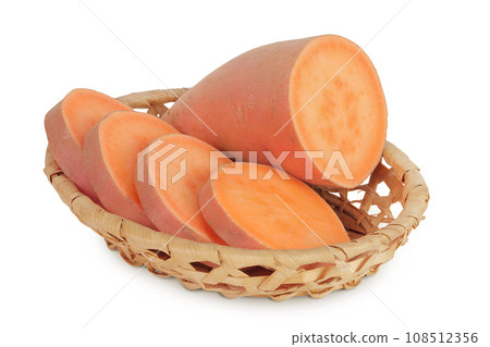 Sweet potato in a wicker basket isolated on white background with full depth of field 108512356