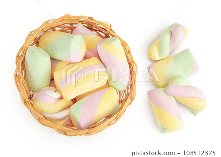 Colorful mini marshmallows in a wicker basket isolated on white background with full depth of field. Top view. Flat lay 108512375