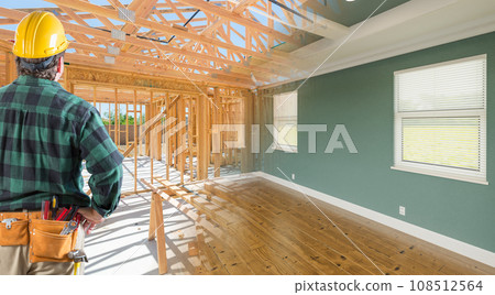 Contractor Facing Before and After Interior of House Wood Construction Framing and Finished Build. Contractor Facing Before and After Interior of House Wood Construction Framing and Finished Build. 108512564