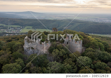 Aerial drone photo of the old Pajstun Castle ruins in autumn, Slovakia 108512619
