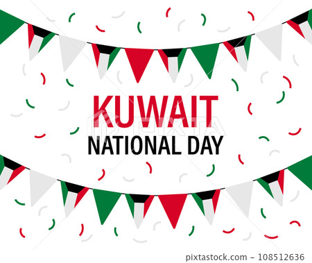 Kuwait Independence Day, Kuwait National Day. Banner with a garland of flags and confetti. Poster, vector 108512636