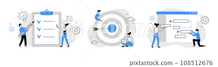 Checklist, survey list, business task plan on white clipboard paper with doodle line people. Business work goal, target, project management concept outline people. Vector 108512676